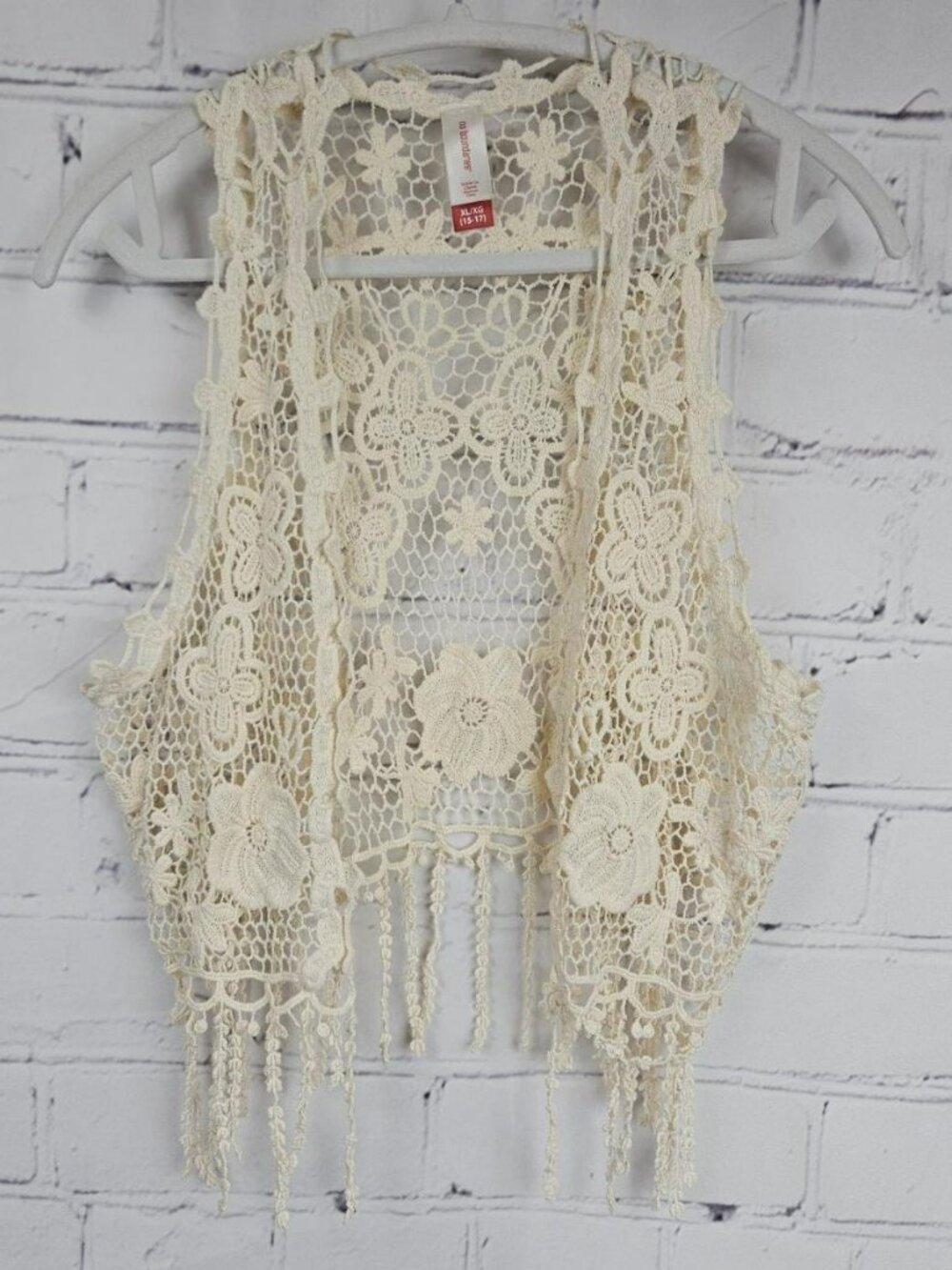 Crochet Vest Fringe No Boundaries Juniors Youth Women XL Cream Floral Open Lace